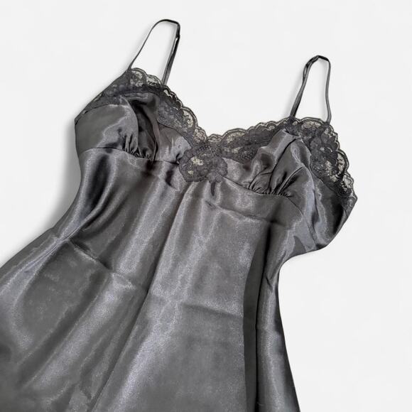 VTG Y2K Frederick's of Hollywood Black Satin Floral Lace Trimmed Mini Slip Dress - Picture 2 of 8